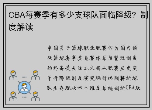 CBA每赛季有多少支球队面临降级？制度解读